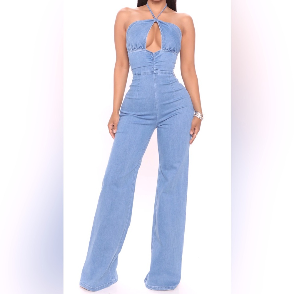Fashion Nova Light Blue Wide Leg Jumpsuit